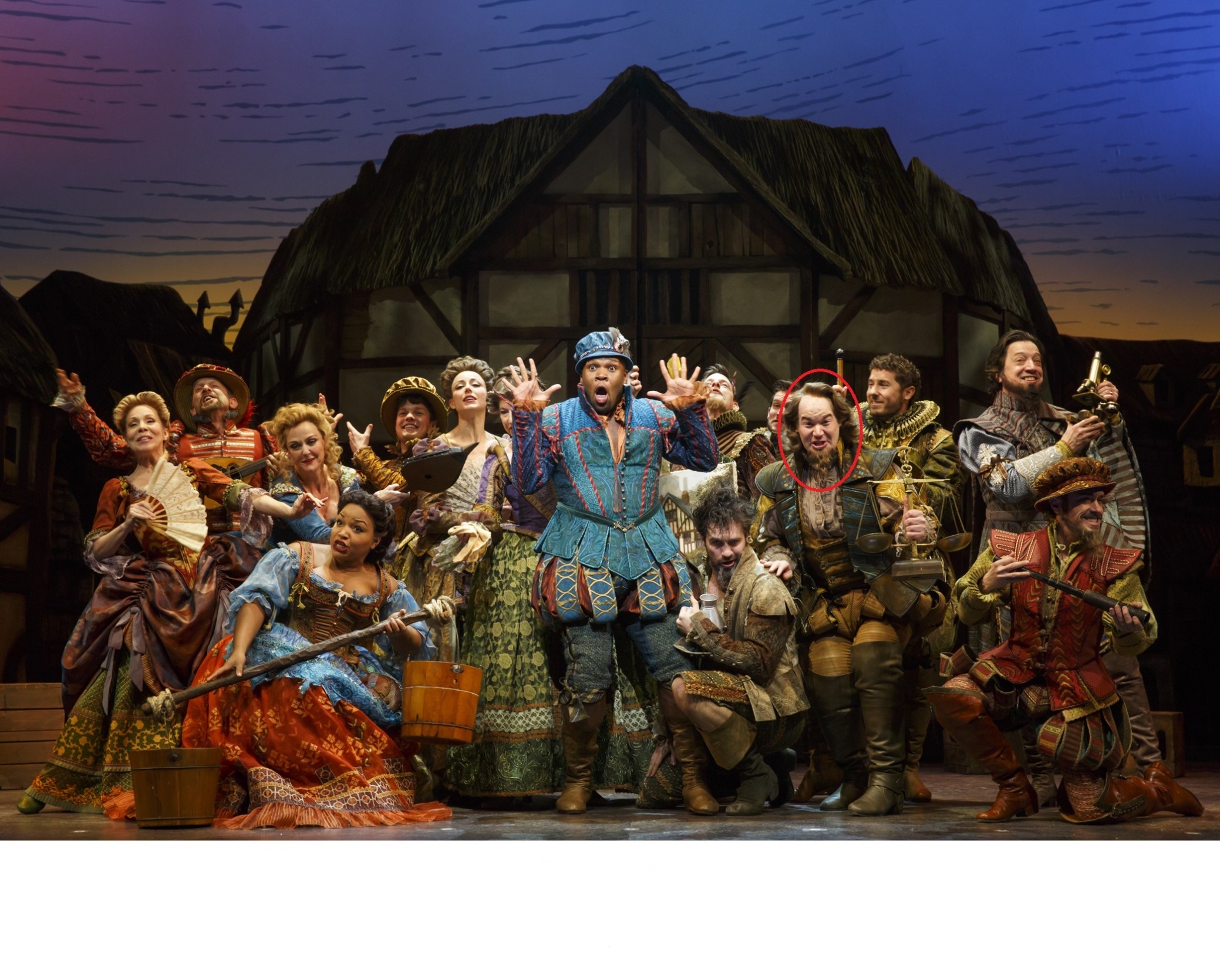 Kaburick (in red) as Francis Bacon and the cast of SOMETHING ROTTEN! Photo courtesy of Joan Marcus.