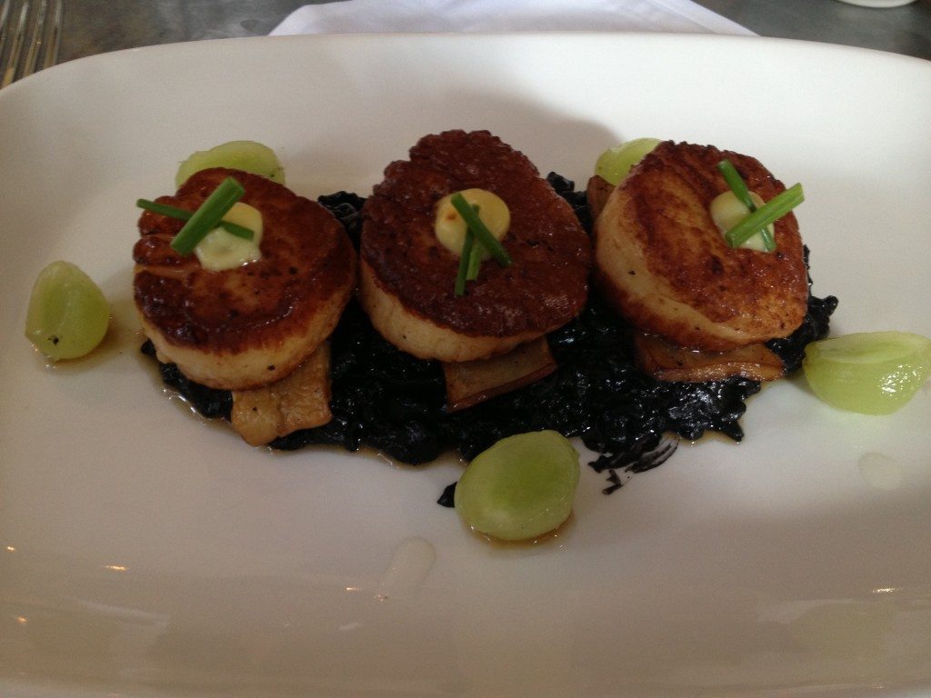 Seared Sea Scallops andLemon Jam, Squid Ink Risotto and Royal Trumpet Mushrooms  