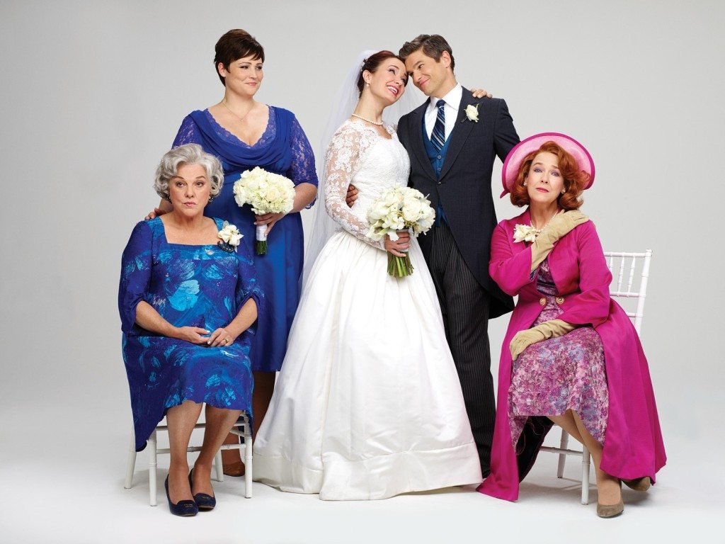 (L to R) Tyne Daly, Lisa Howard, Sierra Boggess, David Burtka, and Harriet Harris. Photo courtesy of Joan Marcus