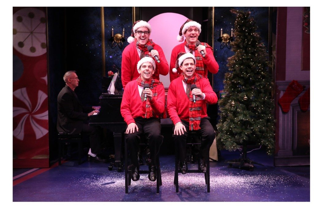 James Followell at the piano with (clockwise from top) John-Michael Zuerlein as Smudge, Bradley Beahen as Frankie, Ciaran McCarthy as Jinx, and Jose Luaces as Sparky, in PLAID TIDINGS.  Photo Credit:  Carol Rosegg.