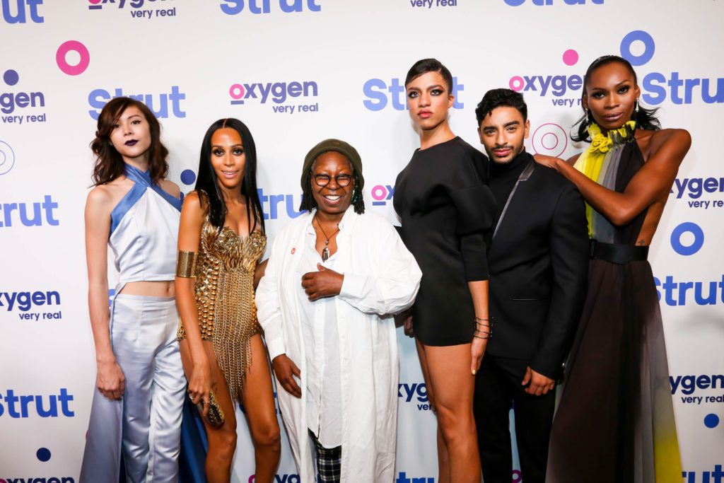STRUT -- "Premiere Party" -- Pictured: (l-r) Ren, Isis, Whoopi Goldberg, Arisce, Laith, Dominique -- (Photo by: Donald Bowers/Oxygen)