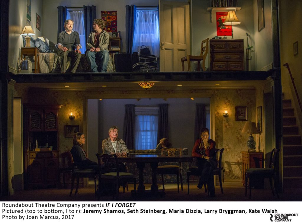 If I Forget Laura Pels Theatre Roundabout Theatre CAST Larry Bryggman Lou Fischer Maria Dizzia Sharon Fischer Tasha Lawrence Ellen Manning Jeremy Shamos Michael Fischer Seth Michael Steinberg Joey Oren Kate Walsh Holly Fischer Gary Wilmes Howard Kilberg CREATIVE Steven Levenson Playwright Daniel Sullivan Director Derek McLane—Set Designer Jess Goldstein—Costume Designer Kenneth Posner—Lighting Designer Dan Moses Schreier—Original Music &amp; Sound Designer